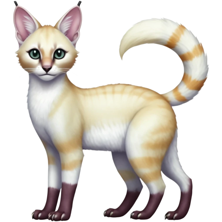 Colorful tropical pearly-albino-white iridescent glorious divine exotic cute cool beautiful shiny beautiful fantasy-caracal-civet-genet-sergal-vernid-Cacomistle-oncilla-animal-Fakémon-hybrid-fursona with tufted ears (full body) emoji