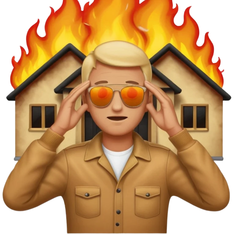 a man stands with his hands on his head and a house on fire behind him, apple style emoji emoji