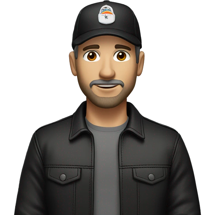 An adult white skin portrait of male with stubble and a slightly gray beard, brown hair, black eyes, wearing a black Reebok cap with a round emblem on his head, and a black leather jacket. emoji