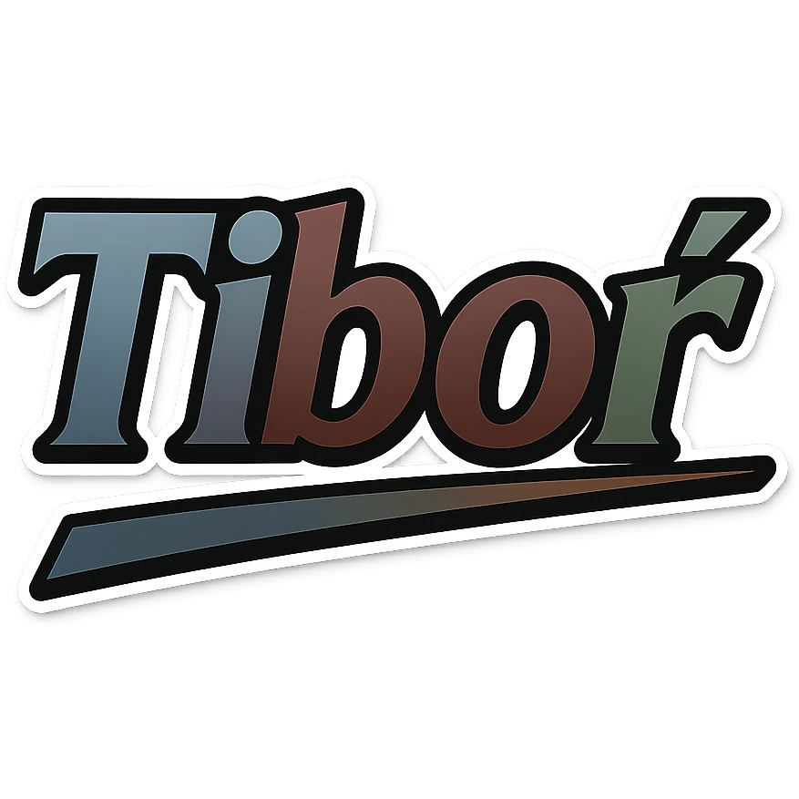 Tibor name in masculine, modern, gradient font with precise Hungarian characters, dark outline, extra thick, prominent white border as in reference images, dynamic slanted underline, masculine color shades (blue, gray, burgundy, green, brown), 1000x1000 px, PNG, transparent background emoji