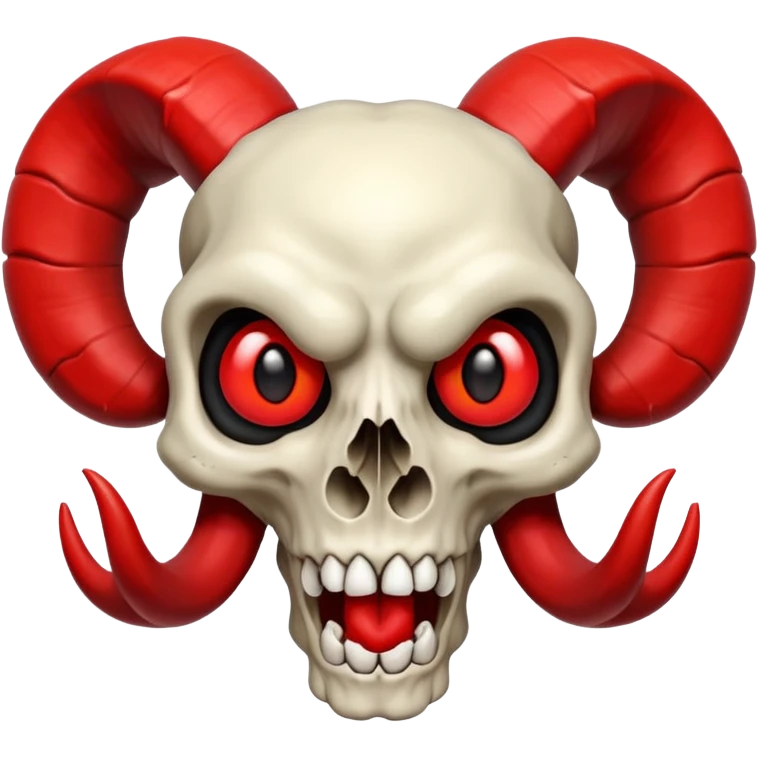logo of a ram-horned skull with red eyes and a wide mouth, bold, expressive, iconic, fully inside image borders, Apple emoji style emoji