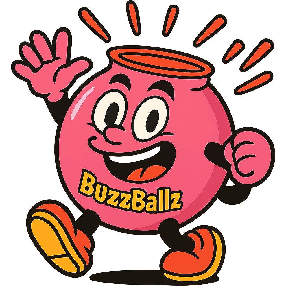 giant pink BuzzBallz, cartoonish and fun, radiating excitement emoji