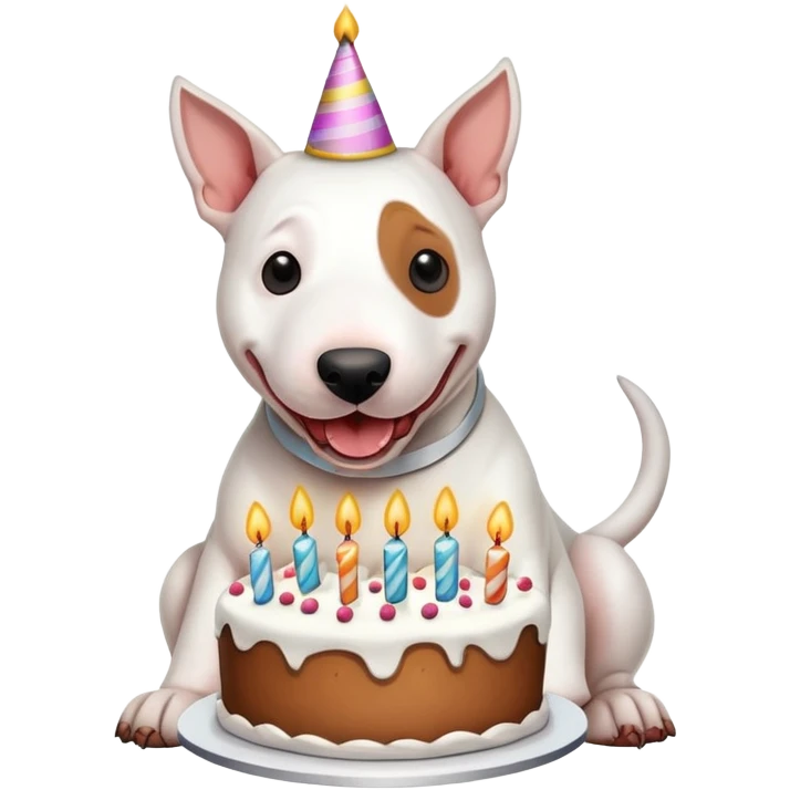 Bull terrier holding a birthday cake emoji