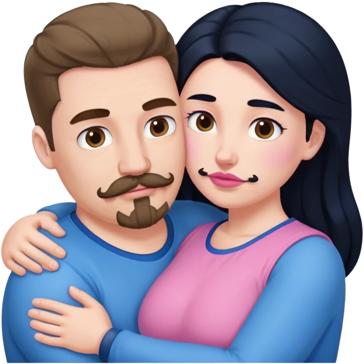 Tall strong white man with brown mustache goatee wearing blue hugging a chubby short pale woman with long black hair wearing pink emoji