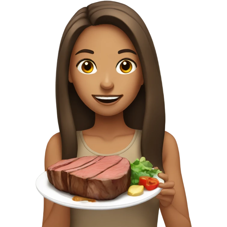 A tan girl with long brunette hair eating a bunch of steak emoji