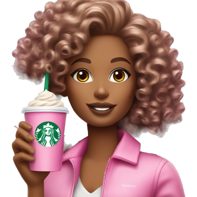 Barbie girl with curly hair holding Pink starbucks refresher emoji