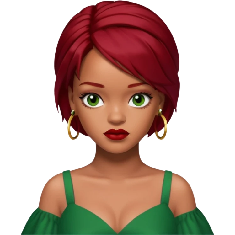 Rihanna dark red hair, green dress emoji