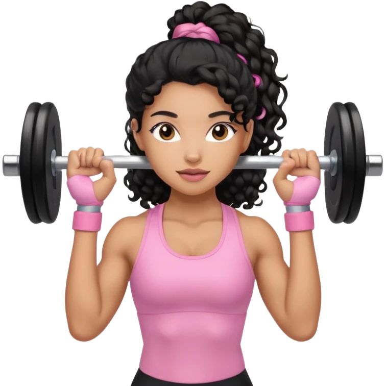 Mixed-race athletic woman with caramel skin, long black curly hair in a ponytail, lifting a pastel pink barbell emoji