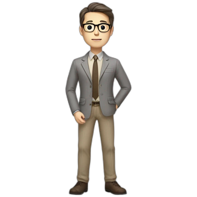 Full height Gesticulating Pale skinned fit man with dark brown hair in gray jacket, beige office shirt, brown tie, brown pants and vintage glasses. emoji