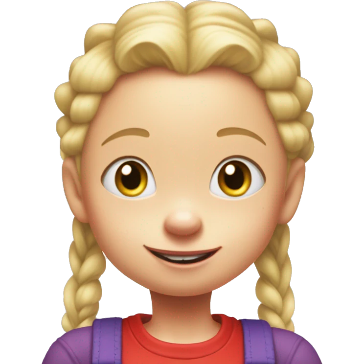 A little blonde girl with pigtails and little purple bows wearing a red long sleeved shirt and purple overalls, rugrats emoji