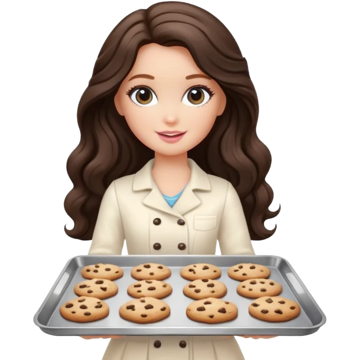 A white Barbie girl with long dark brown wavy hair in a cream clothes holds a Baking tray with cookies emoji