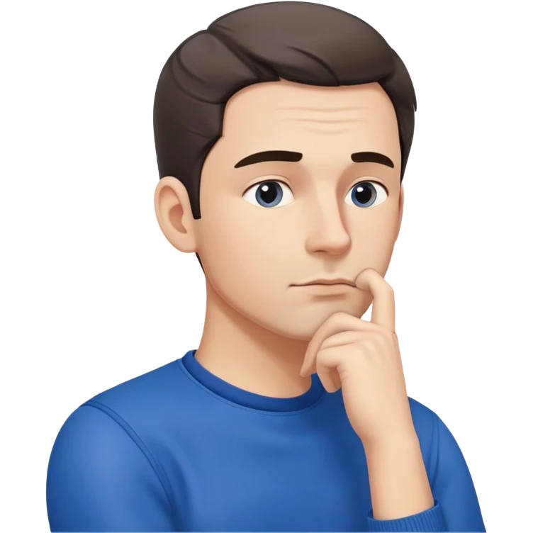 Close-up of a male character in blue clothing, with a thoughtful expression and hand resting on his chin, symbolizing deep thinking. Minimalist, modern style, focusing on facial expression and attire emoji