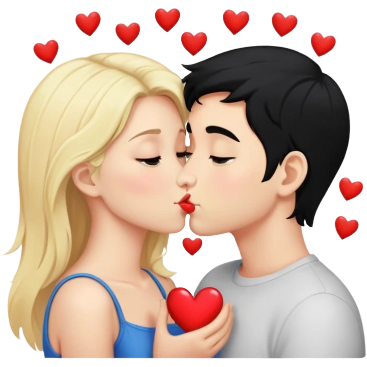 Couple of blonde girl and boy with black hair and fair skin is kissing with a lot of hearts around them emoji
