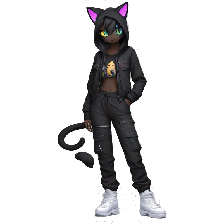 Edgy Anthro cool shy colorful urban beautiful pretty anime Black cat-Pokémon-fursona techwear cargo pants hoodie emoji