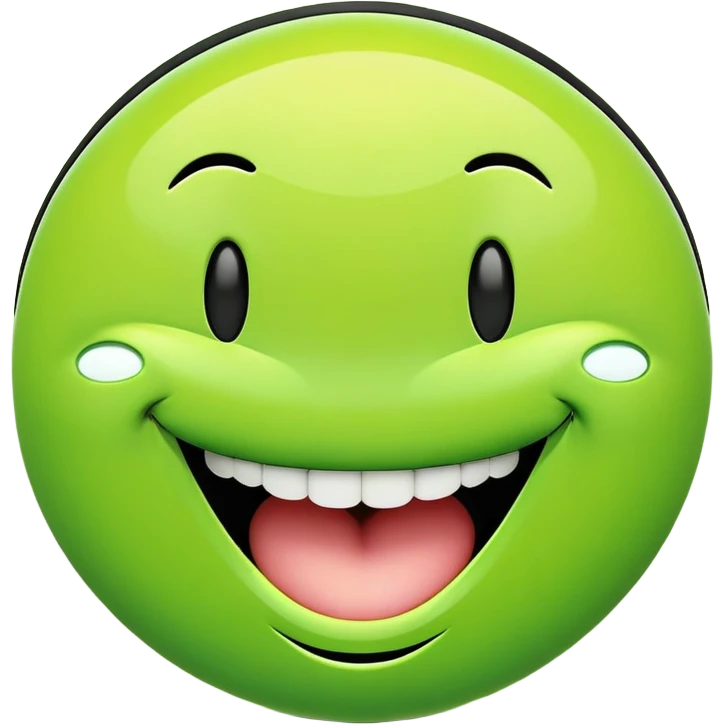 A bold, cartoon-style smiley face with a neon green background and thick black outlines. The face has large, closed eyes shaped like upside-down U's, and an extremely wide, exaggerated open-mouth smile showing four large square teeth. The overall expression is joyful and goofy. The entire face is perfectly round, centered, and symmetrical. emoji