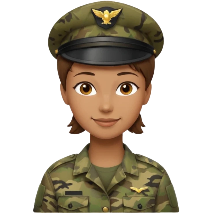 Apple-style emoji: female soldier, bust, no cap/helmet, friendly smile, generic camo top,  emoji
