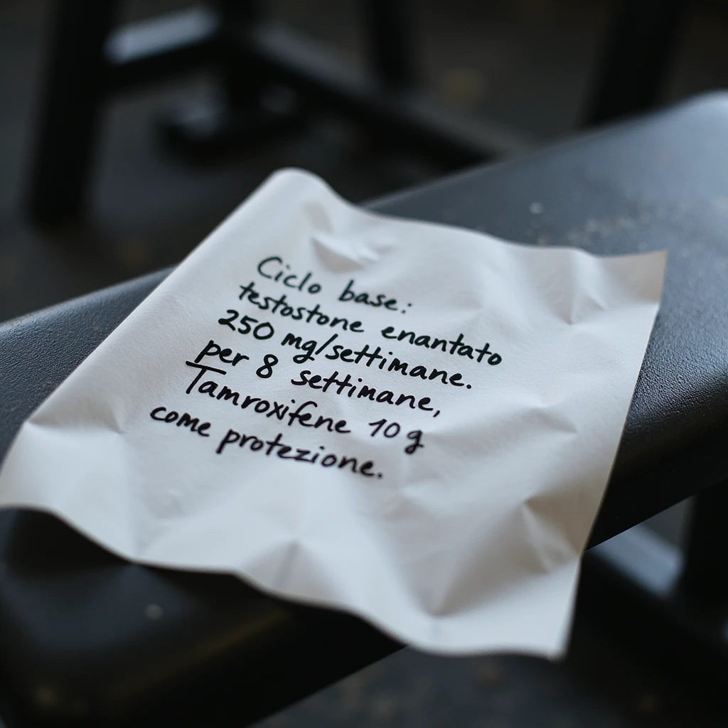 Sheet resting on a gym bench, handwritten: 'Ciclo base: testosterone enantato 250 mg/settimana per 8 settimane. Tamoxifene 10 mg al giorno come protezione.' Hyperrealistic details, 4K. emoji