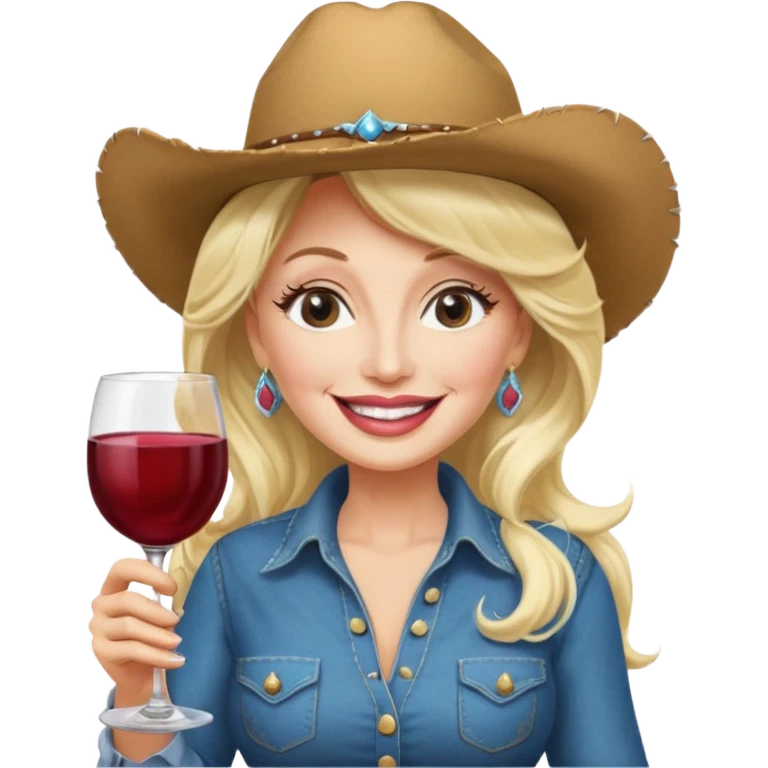 Dolly Parton with a huge glass of wine on a bachelorette trip and a cowboy hat emoji