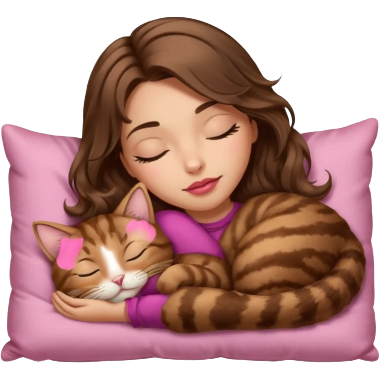 girl with long wavy brown hair, brown eyes, long lashes makeup, sexy pink lips, light to medium complexion,  sleeping on a cozy pillow, with brown tabby cat, sleeping emoji