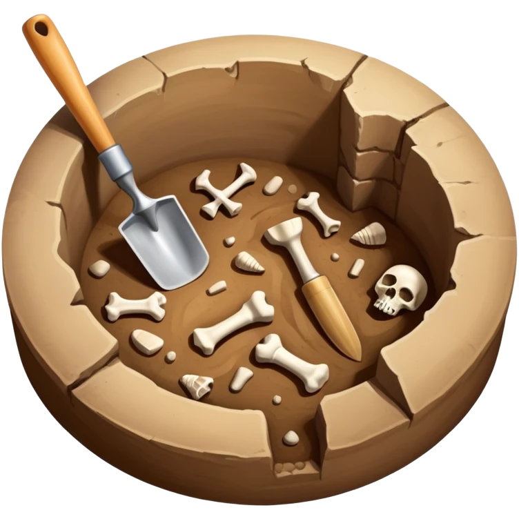 An icon featuring an excavation site with a trowel and ancient artifacts, like pottery and bones, scattered around. The design includes a partially uncovered fossil and a digging brush, symbolizing the discovery of history through archaeology. Transparent background  emoji