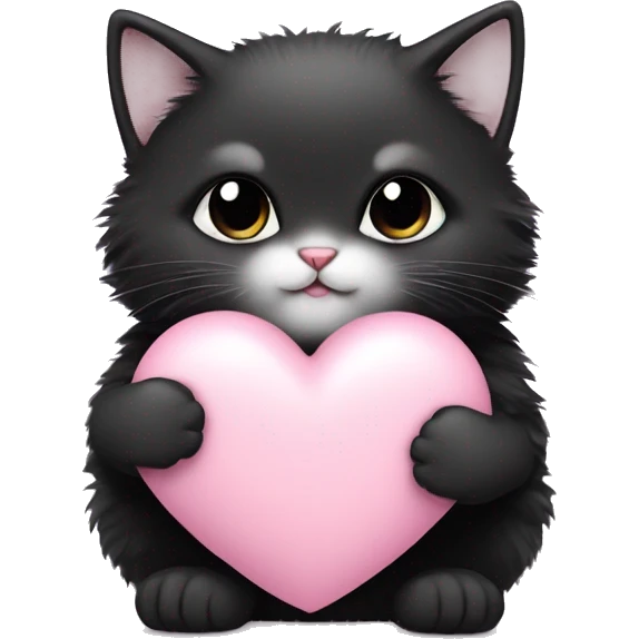 black fluffy fat kitten holding pale pink heart emoji