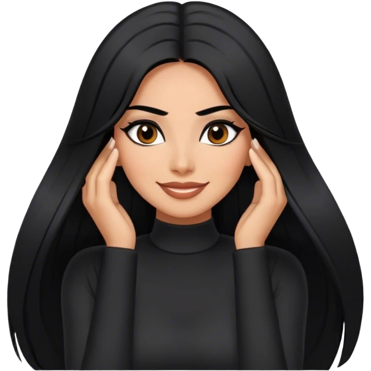 beautiful woman boss, with long straight black hair, with make up, black eye liner, smile, mexican, brown skin, wearing beautiful sexy black outfit, she’s posing her head in her hands shés shy emoji