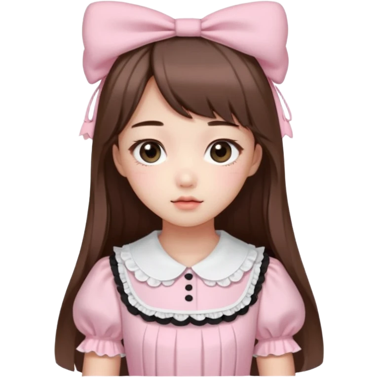 She has fair skin, is Korean, has long straight brown hair, slanted black eyes, with a very Kawaii baby pink lolita dress.  emoji