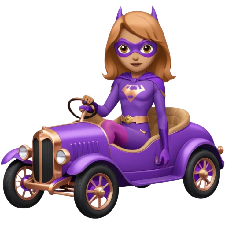 Hot real-appearance racing action BatGirl’s purple tights sixty’s tv show 1932 stealth retro cat burglar sporty petite off-road pursuit mobile cruiser car rose gold accents (reclined and relaxed seating position and attitude) emoji