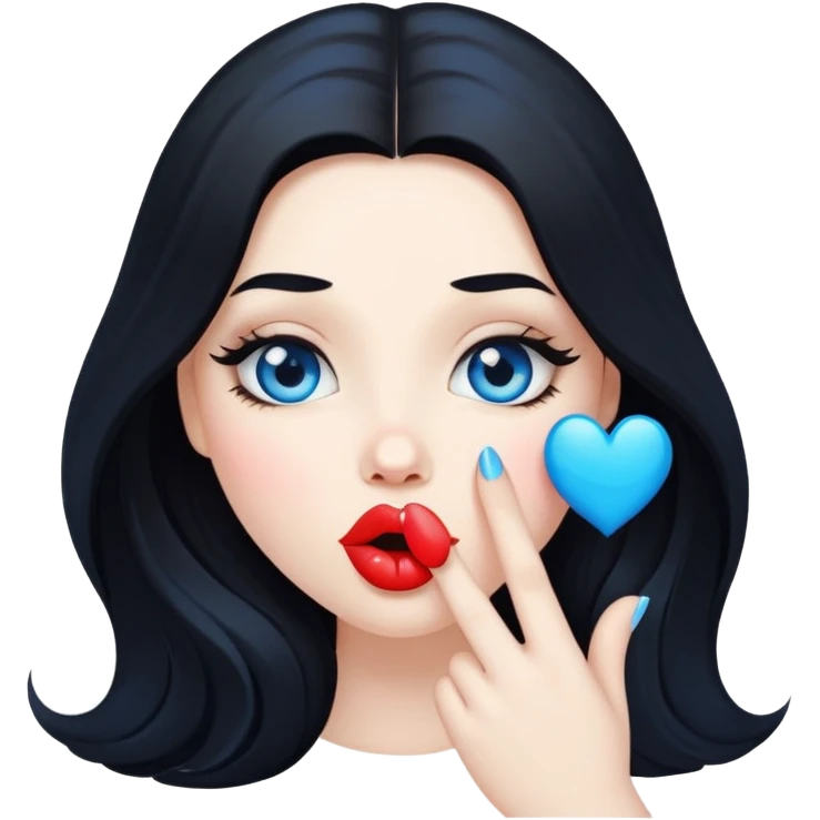 A cool pale girl with plump lips, long black hair, and blue eyes blows a kiss. emoji