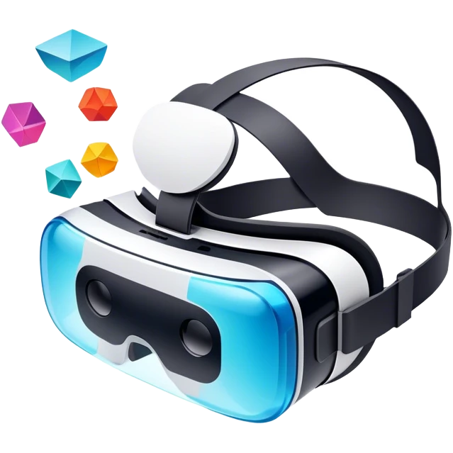 Show a VR headset or AR glasses, symbolizing the immersive experience. Include virtual objects or a 3D scene floating in the air in front of the headset. Use modern, tech-inspired colors. Do not include any emojis or smiley faces. Make the background transparent. emoji