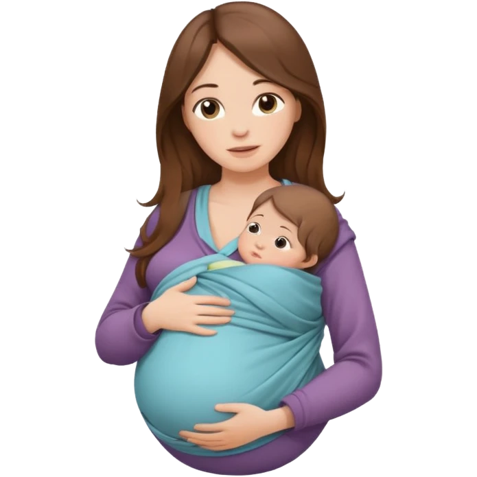 Pregnancy babywearing mom with long brown hair and fair skin with a baby and wrap  emoji