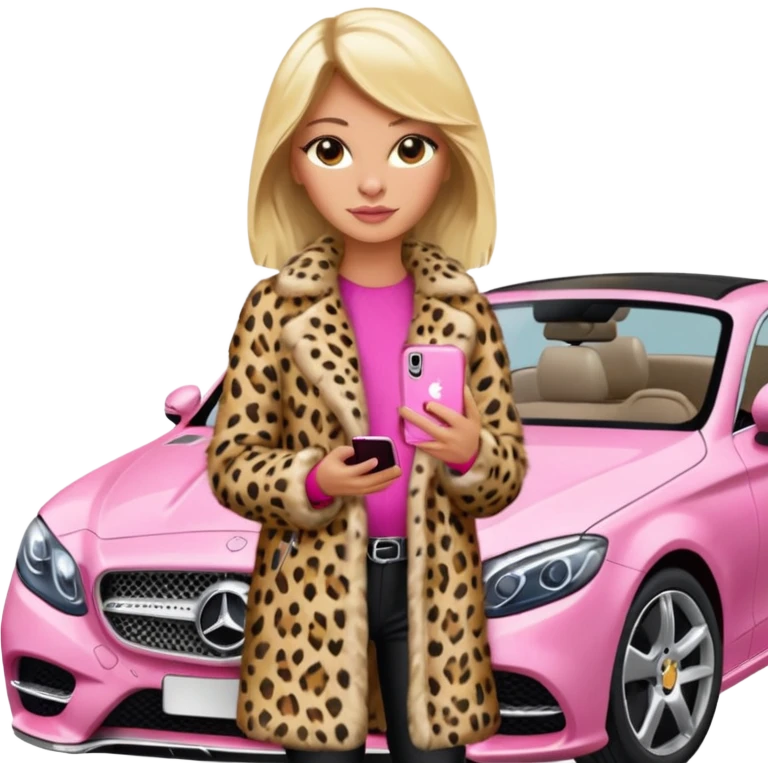 a blondie queen Arina in a leopard fur and pink iPhone on her mercedes emoji