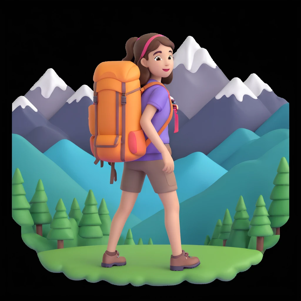girl back packing mountains in background, close up pose emoji