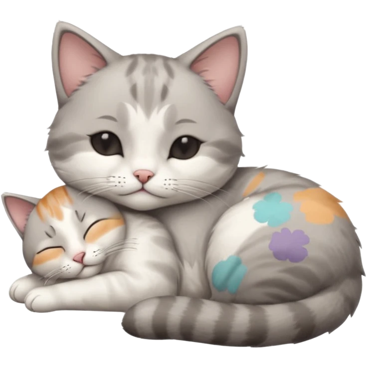 grey and white small cat with its eyes closed lying down leaning on his elbow with his paw curled under his head holding it up emoji