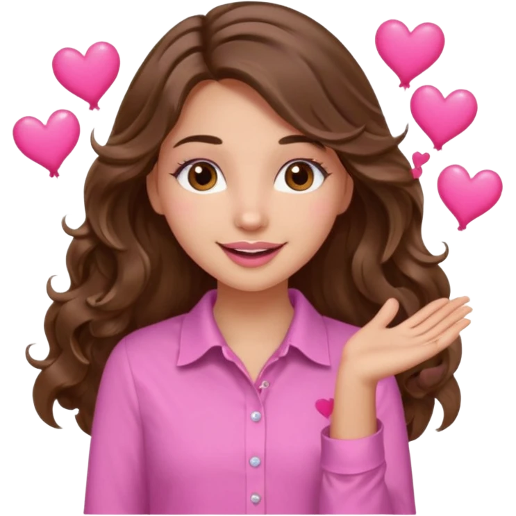 girl with long wavy brown hair, brown eyes, light to medium complexion, in a pink shirt, pink lips, long lashes, many  hearts in hand emoji