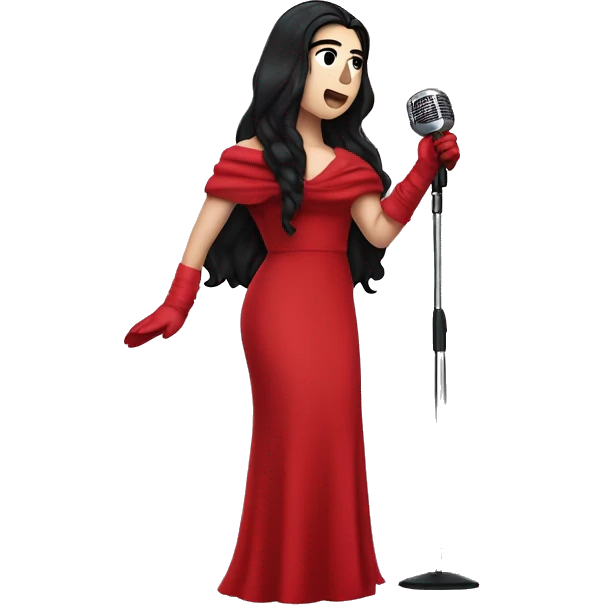 Dua Lipa, with long dark hair, wearing a red gown with red gloves and a red scarf, singing with a microphone on her hand. emoji