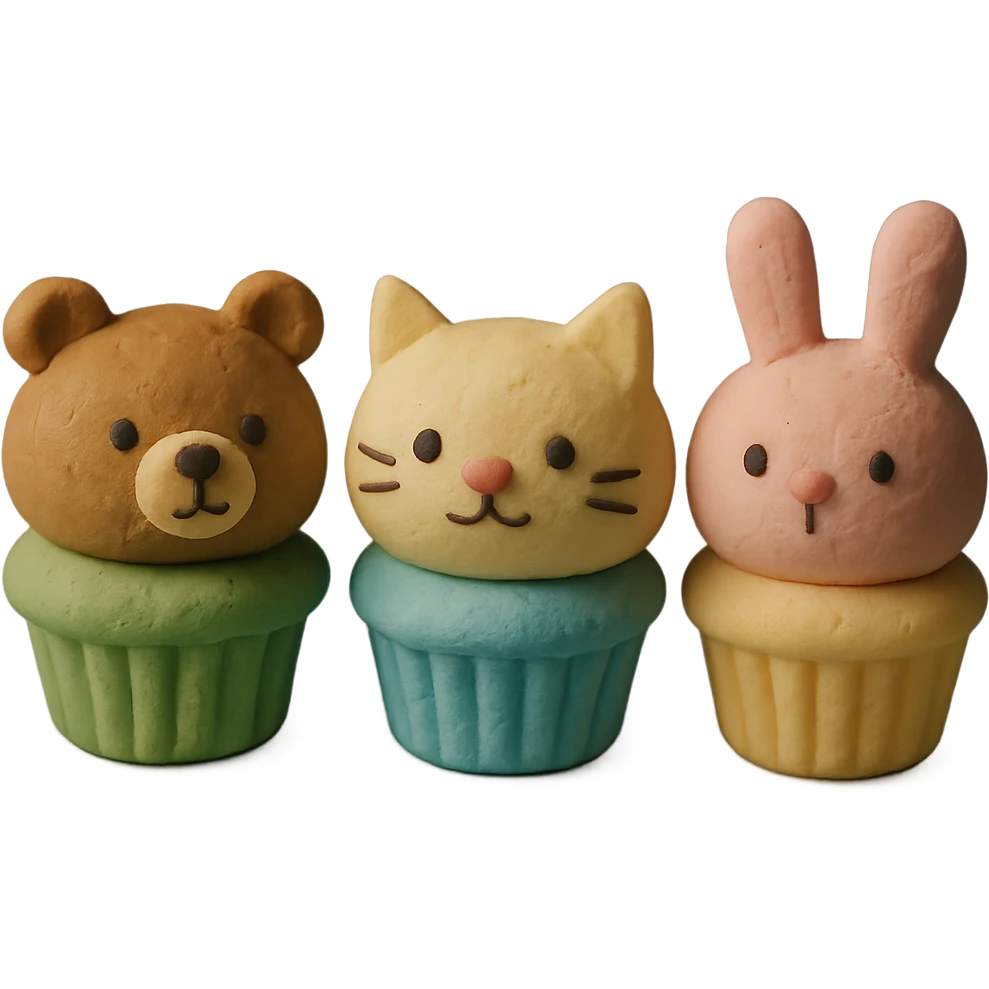 mini cupcakes with animal faces of bear, cat, and rabbit, soft pastel tones, claymation style, transparent background emoji