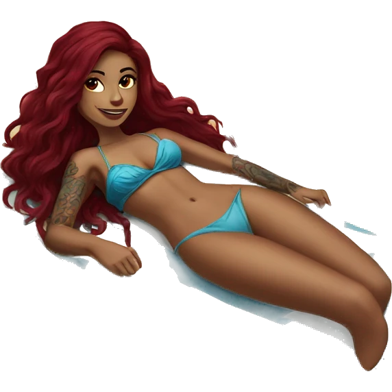 Beautiful tattooed burgundy long haired woman laying on the beach emoji