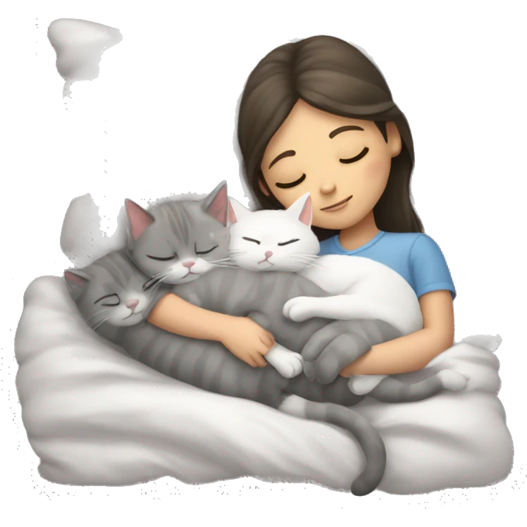 grey and white kitty sleeping with girl in bed emoji
