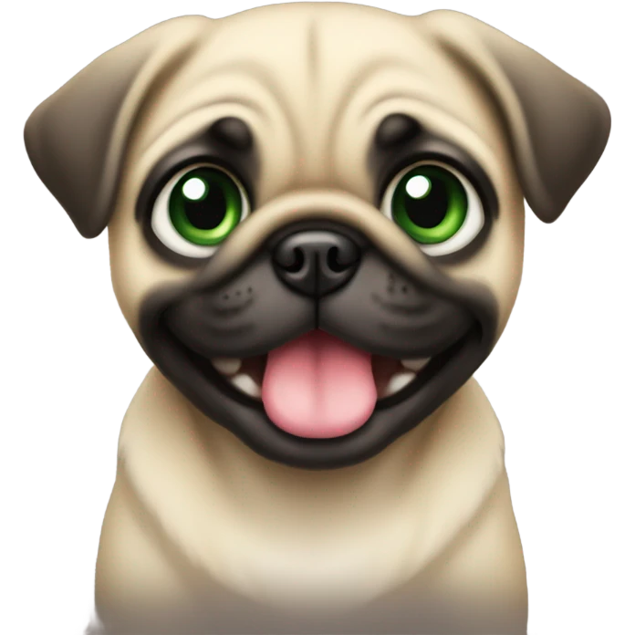 Cute Baby pug with big green eyes smiling with tongue out emoji