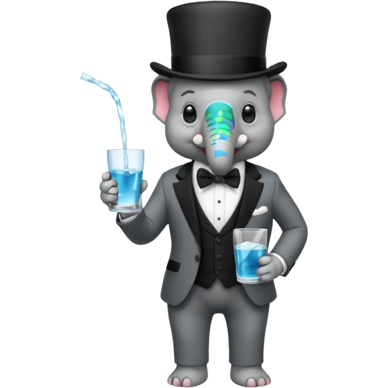 elephant wearing suit, bowtie and top hat, holding glass of water emoji
