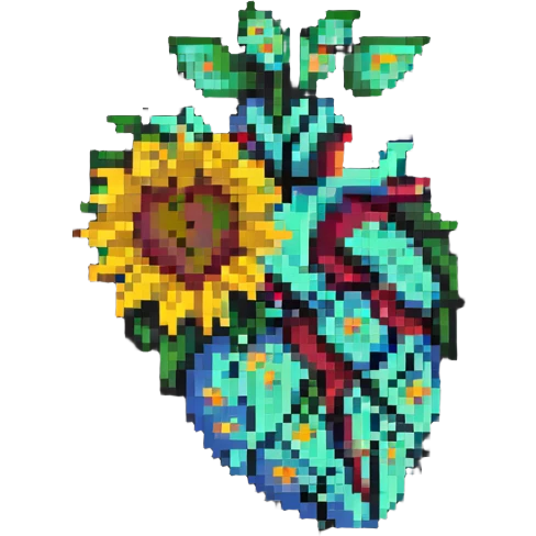 a pixelated human heart with sunflower petals and stem, classic pixel art emoji