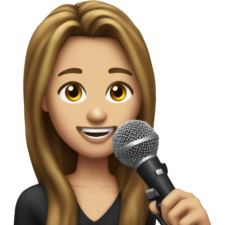 miley cyrus with long brown hair holding a microphone emoji