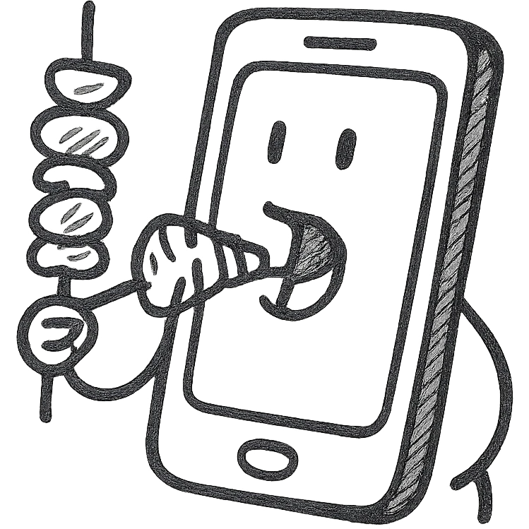 hand drawn cartoon style with black outline of a phone eating kebab, no background emoji