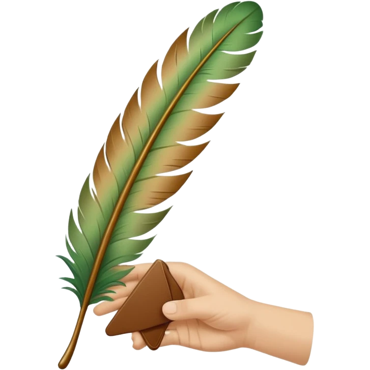hand holding a bookmark shaped like a feather or pressed leaf emoji