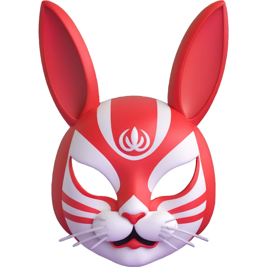 stylized usagi rabbit kabuki mask, red and white, angry expression, highly detailed emoji