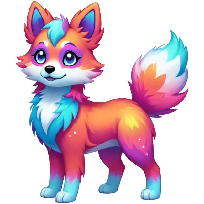 Vibrant multicolored neon-colored Falvie-Fionbri-creature-sparkle-dog-fursona, full body emoji