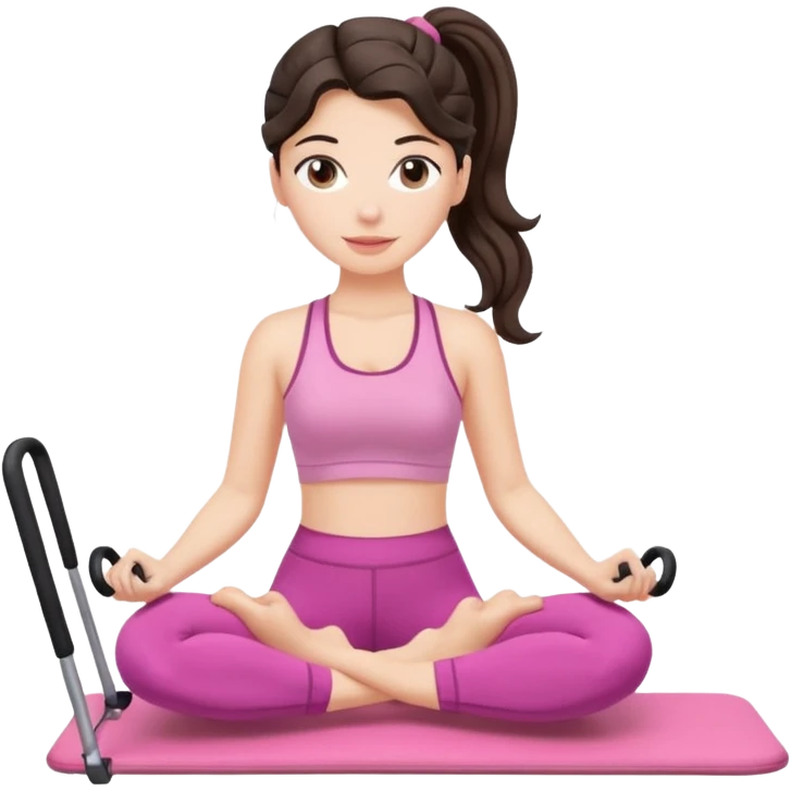 european white woman with dark wavy hair in ponytail using a pink set doing pilates emoji