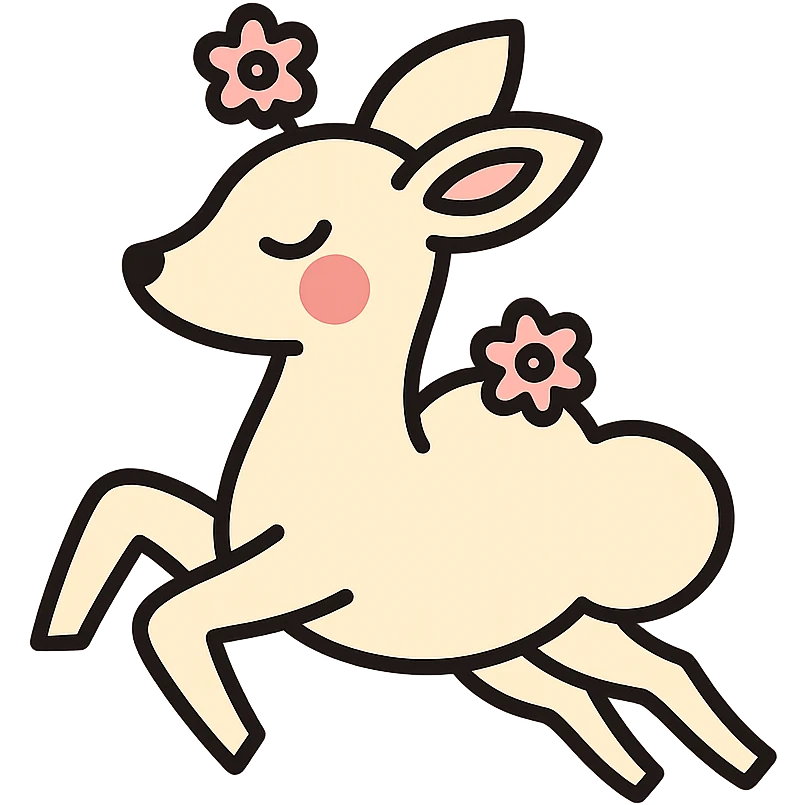 feminine adult vanilla cloud doe with rosy cheeks and cherry flowers, floating gracefully, minimalist style, brand identity, social media emoji