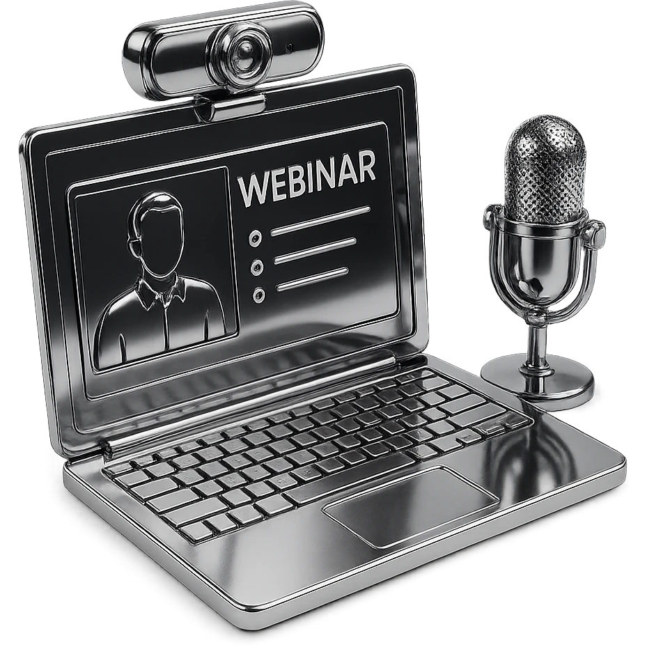 chrome style computer screen displaying a webinar, with a metallic webcam and microphone, highly reflective and polished emoji